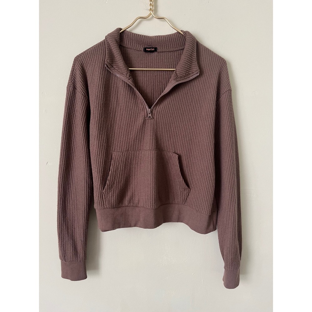 Angel Cult Womens Waffle Knit Quarter Zip Pullover Mauve Kangaroo Pocket Small